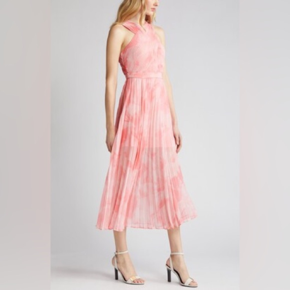 TED BAKER -MIRELIA CRISSCROSS HALTER PLEATED MIDI DRESS IN PINK